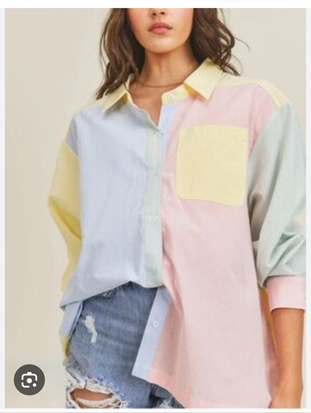 Womens Pastel Colorblock Button-Down Shirt - Pink, Yellow, Light Blue Size M